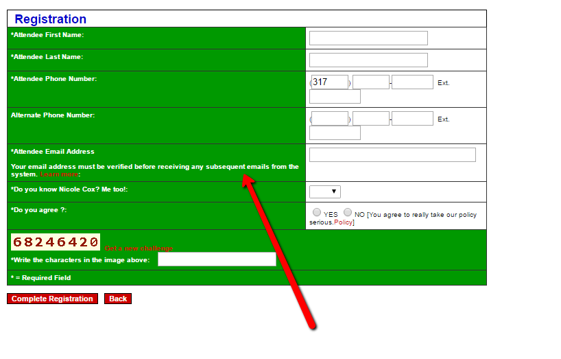Registration page verification email mention